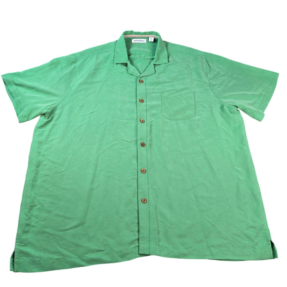 Caribbean Men's XXL Green Short Sleeve Button Down Camp Shirt Modal Pick Stitch